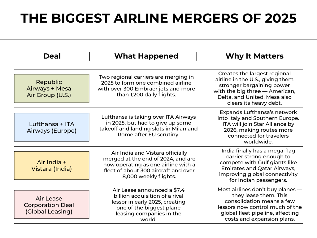 Table showing the biggest airline mergers of 2025: Republic + Mesa (U.S.), Lufthansa + ITA (Europe), Air India + Vistara (India), and Air Lease’s $7.4B deal. Each section explains what happened and why it matters.