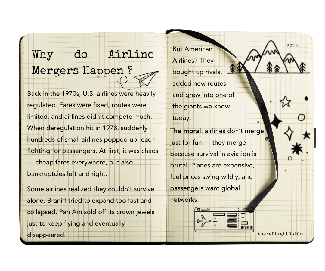Notebook-style infographic explaining why airline mergers happen. Highlights U.S. deregulation in the 1970s, the rise and fall of small carriers, and how airlines merged to survive.