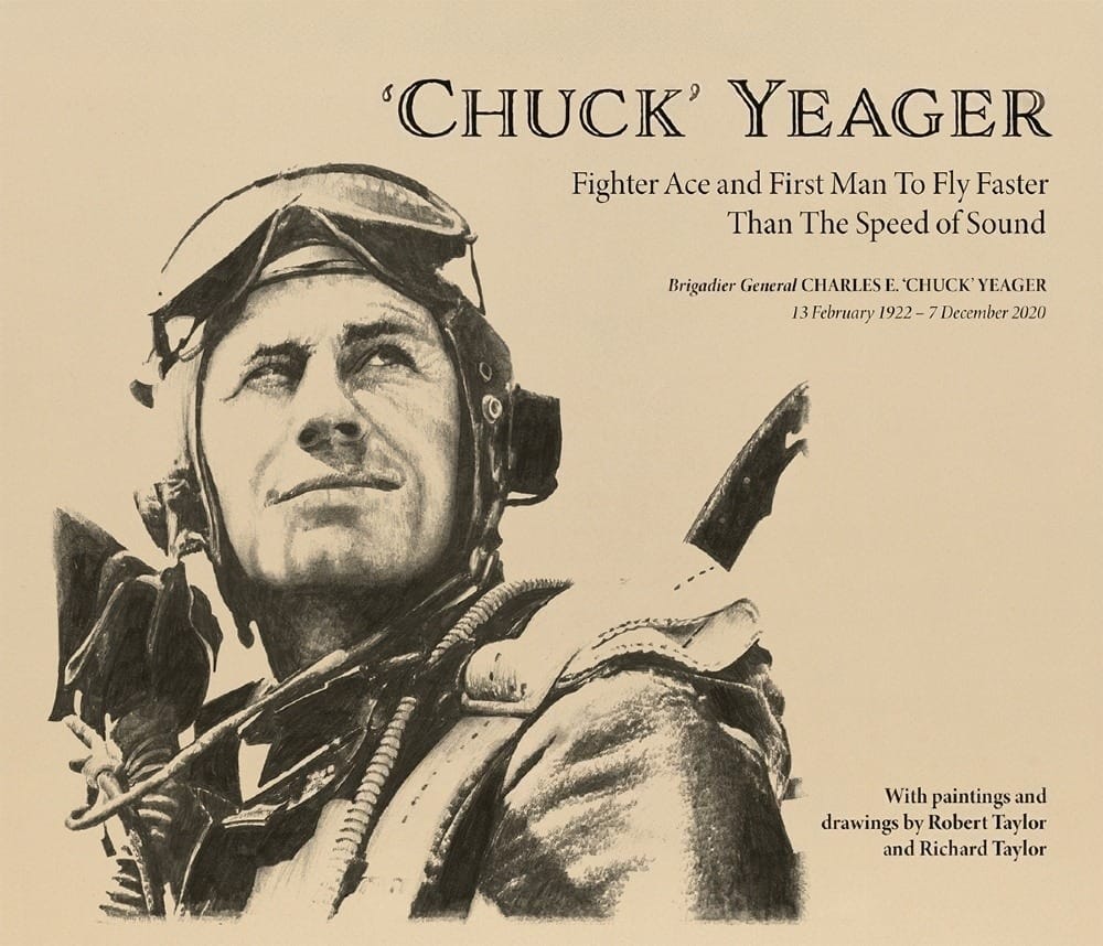Illustrated portrait of Brigadier General Chuck Yeager in flight gear, accompanied by text honoring him as the first man to fly faster than the speed of sound.