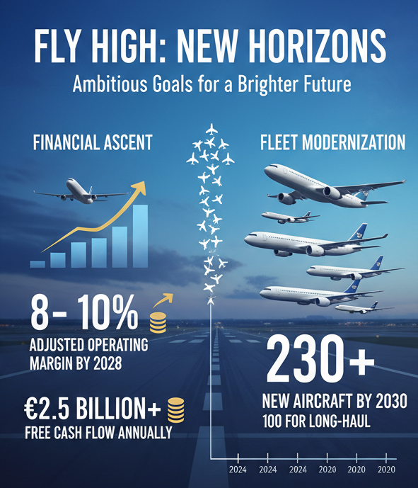 Infographic titled “FLY HIGH: NEW HORIZONS” highlighting Lufthansa’s goals — 8–10% operating margin by 2028, $2.5B+ annual free cash flow, and 230+ new aircraft by 2030 (100 long-haul).