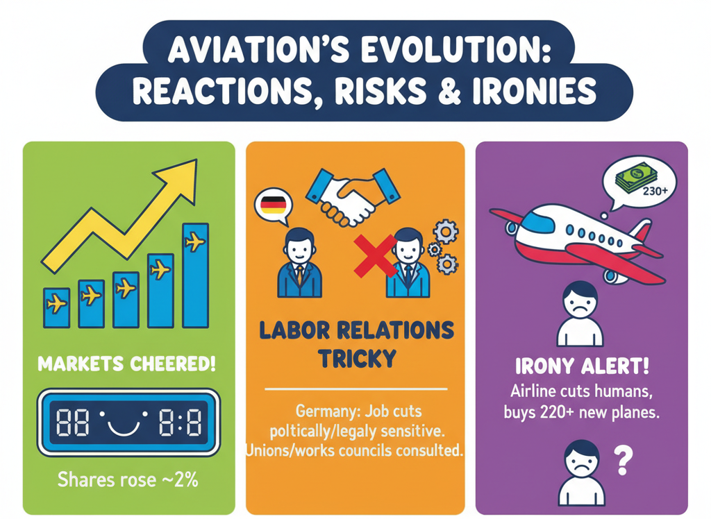 Chart “Aviation’s Evolution: Reactions, Risks & Ironies” — panel 1: shares +2%; panel 2: Germany job cuts sensitive, unions involved; panel 3: airline cuts jobs, buys 230+ planes.