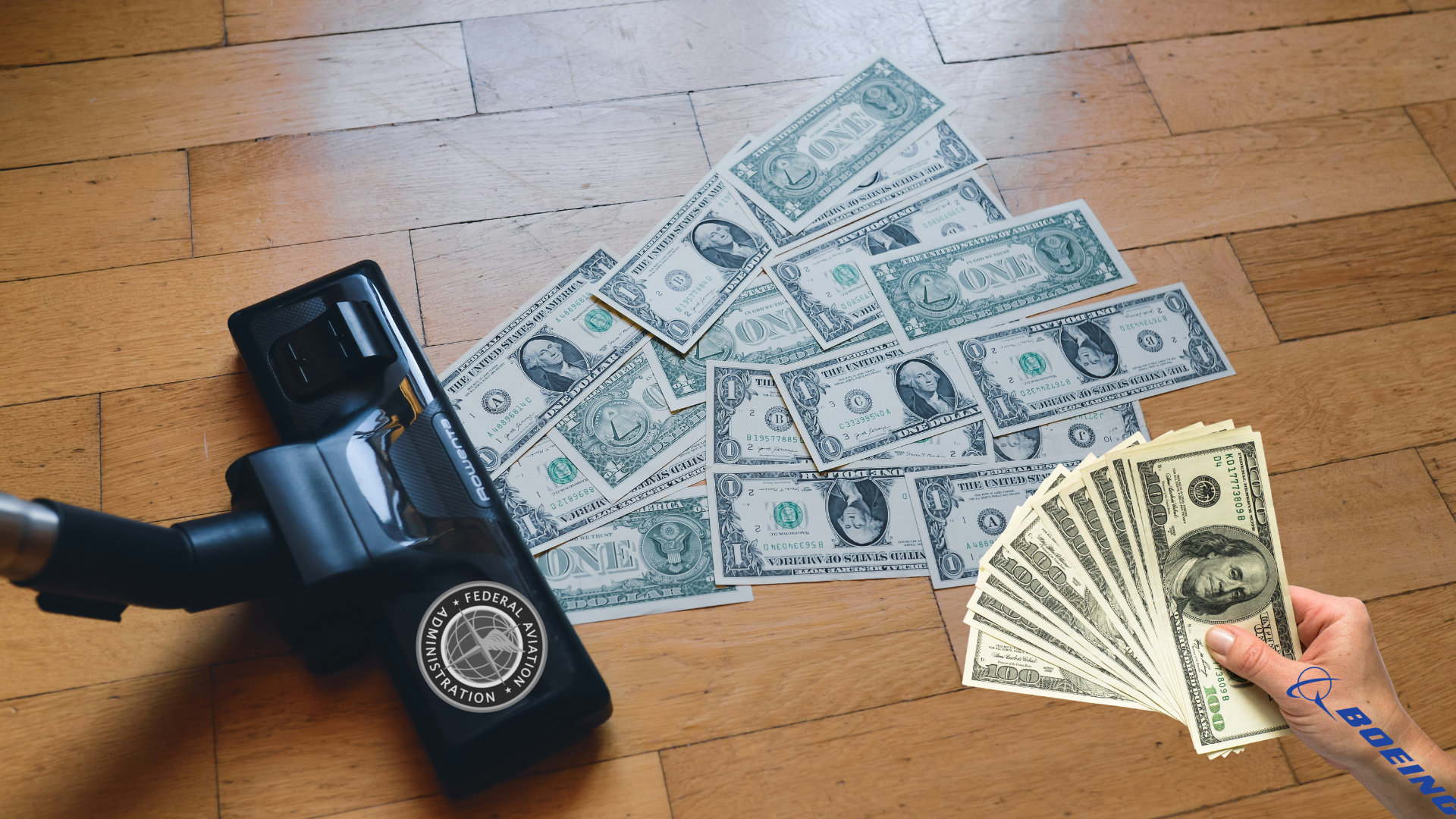 Edited image showing dollar bills on the floor being vacuumed by a cleaner labeled with the FAA logo, while a hand with a Boeing logo holds a stack of $100 bills.