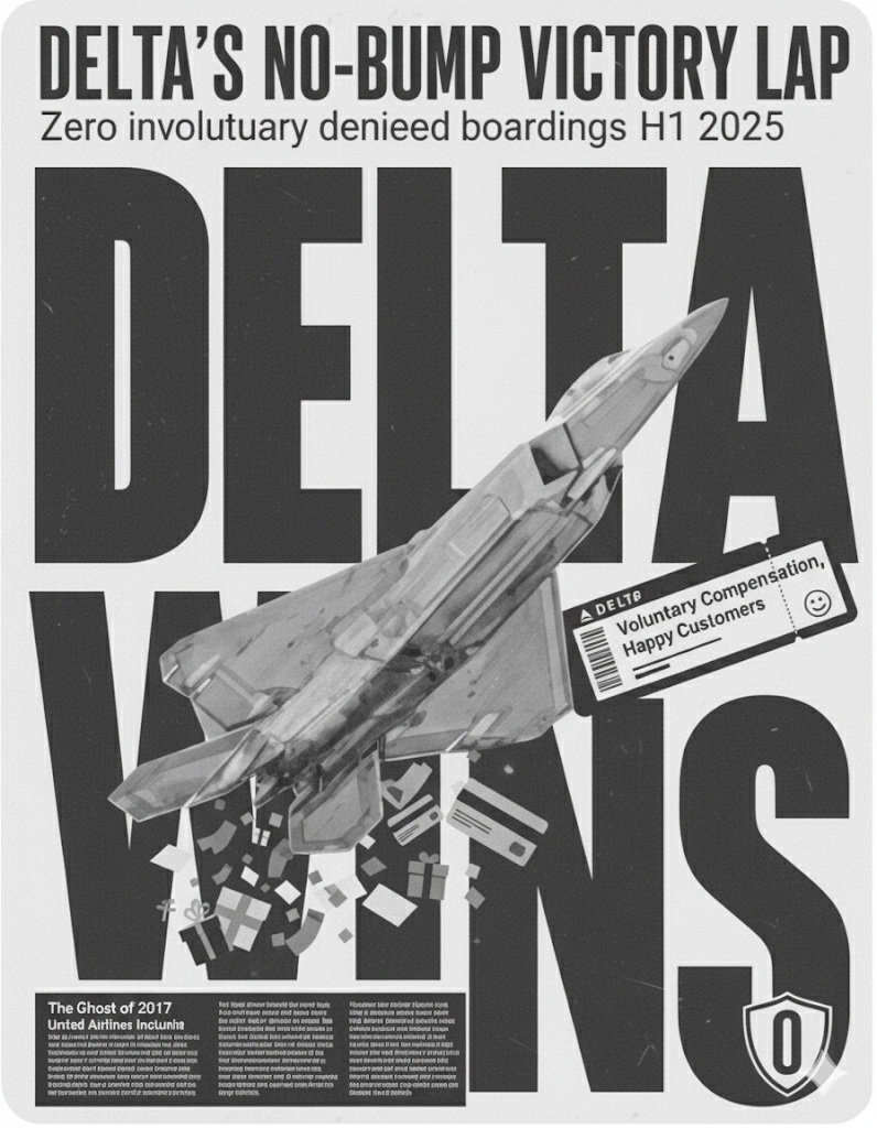 A poster celebrating Delta Airlines’ achievement of zero involuntary denied boardings in the first half of 2025. The bold text “DELTA WINS” dominates the background, with a fighter jet soaring through and gift boxes flying out. A tagline reads “Voluntary Compensation, Happy Customers.” A smaller box references “The Ghost of 2017 United Airlines Incidents.”