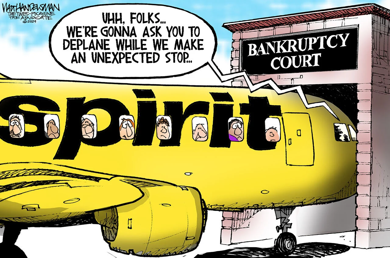 Editorial cartoon by Walt Handelsman showing a Spirit Airlines plane making an 'unexpected stop' at a bankruptcy court, with passengers looking out the windows as the pilot announces the detour.