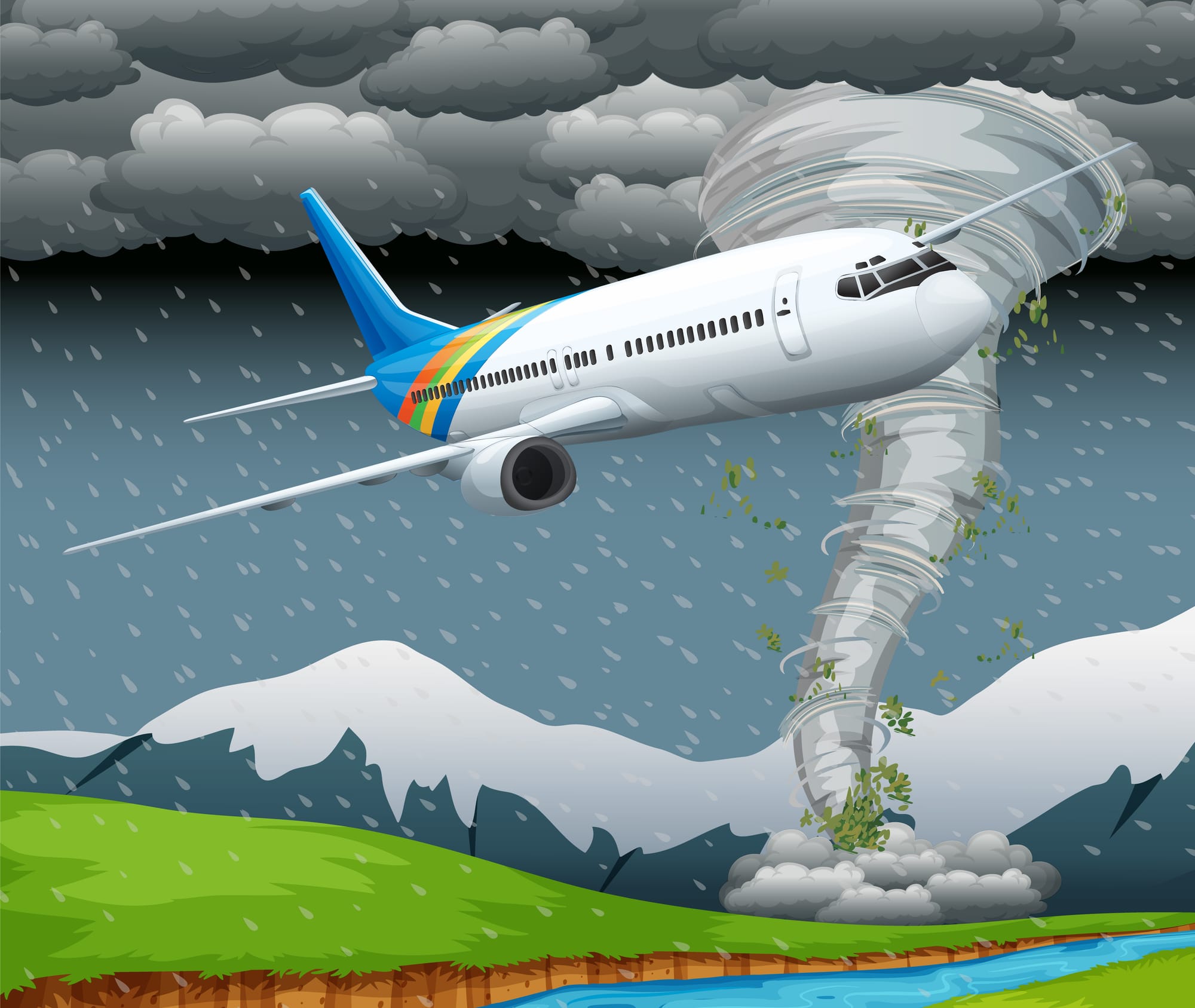 An illustration of a passenger airplane flying through stormy weather with dark clouds, heavy rain, and a tornado below near snow-capped mountains and green fields.