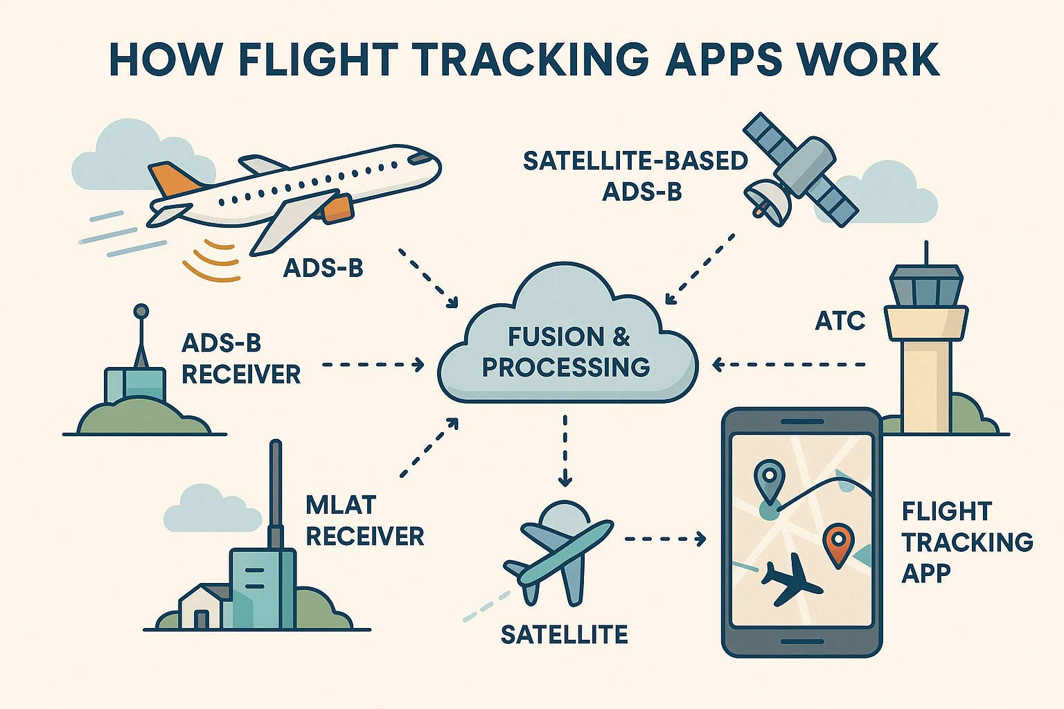 A picture visualizing the answer to how flight tracking apps work