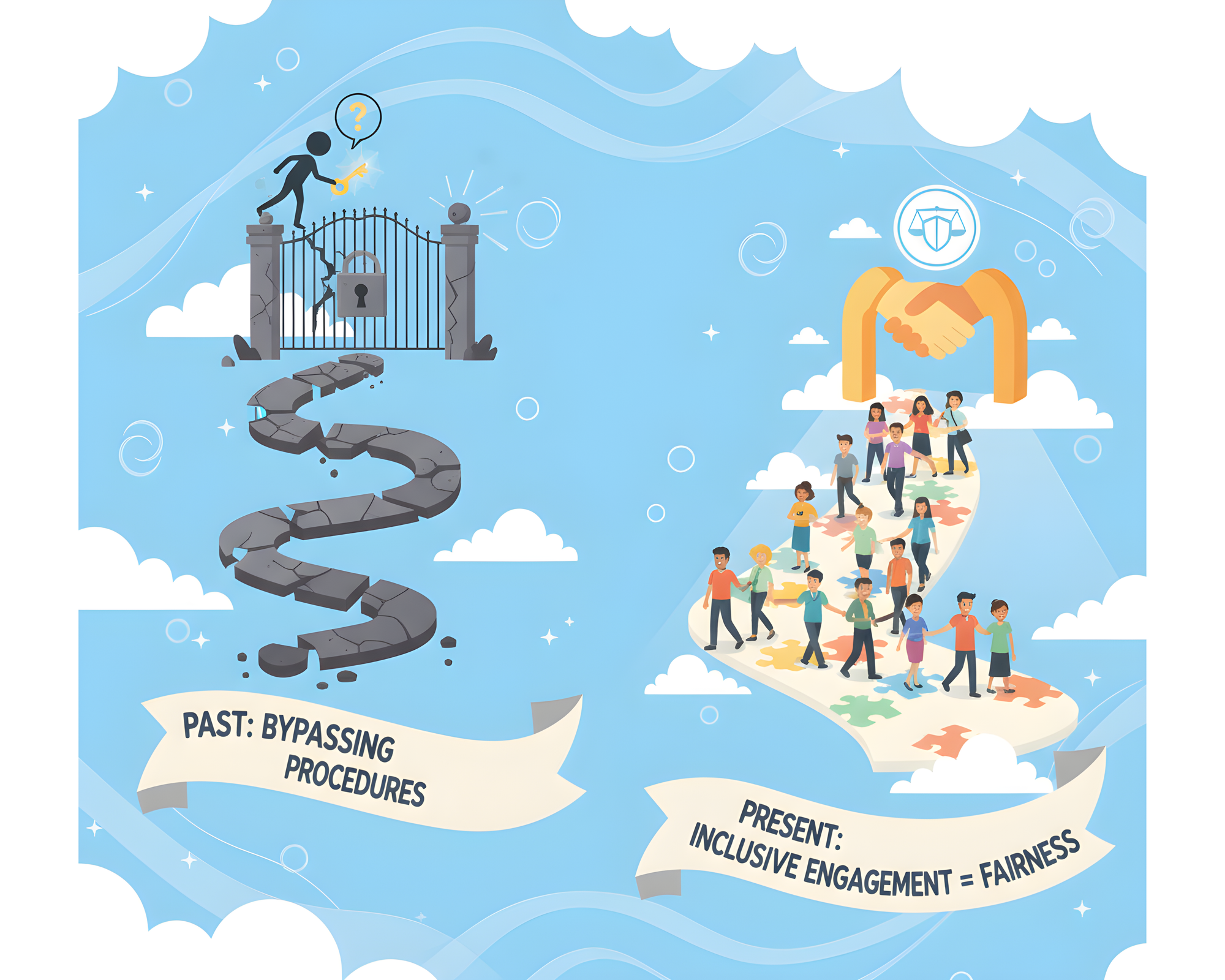 Cartoon showing past: a person climbing a locked gate on a rough path; present: a diverse group walking together on a smooth path labeled ‘Inclusive Engagement = Fairness’