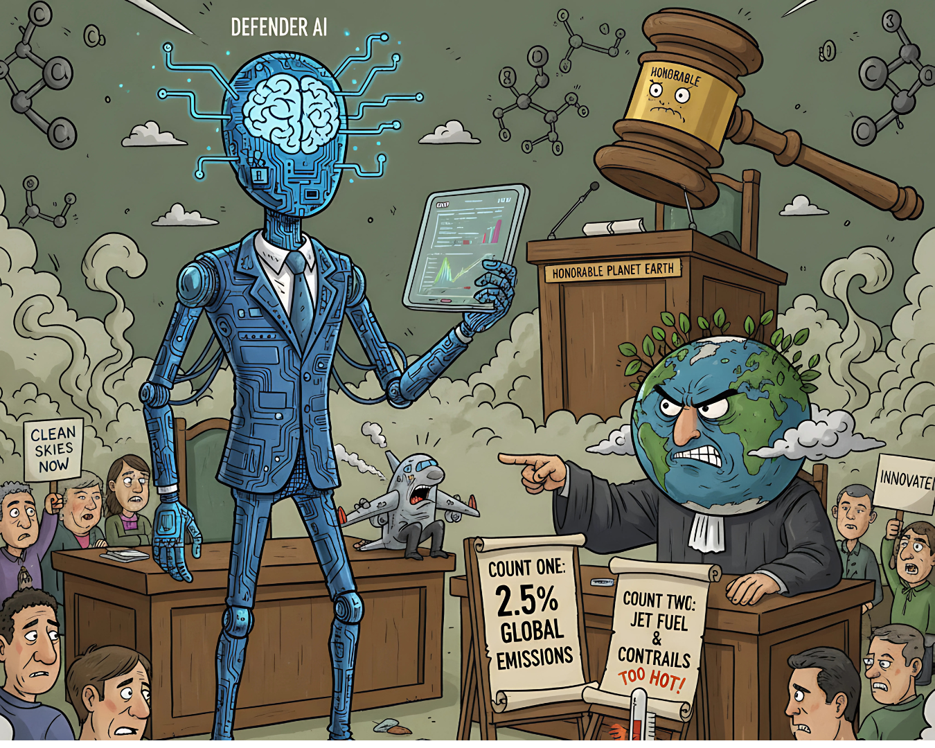 Cartoon courtroom: robotic 'Defender AI' lawyer shows a tablet to Judge Planet Earth, who points at signs reading '2.5% Global Emissions' and 'Jet Fuel & Contrails.' Crowd looks on