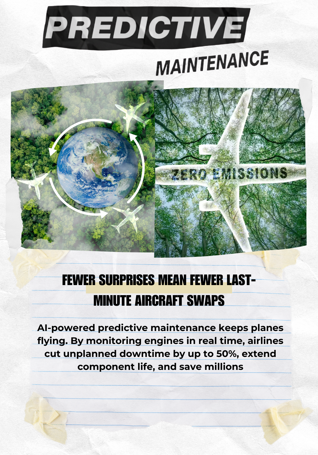 A graphic on Predictive Maintenance showing AI-powered maintenance leading to fewer aircraft swaps, with images of the Earth, planes, and the text "ZERO EMISSIONS."