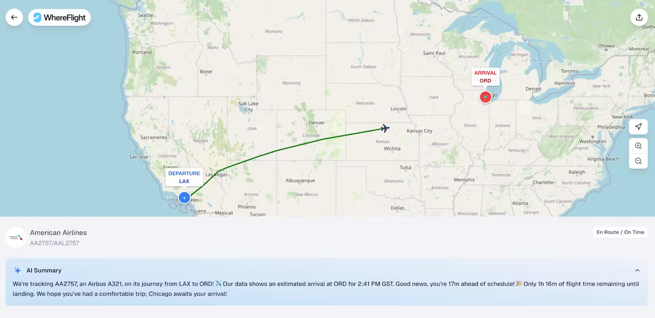 A picture showcasing WhereFlight's AI summary feature