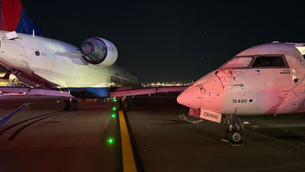 A picture of LGA airport showing the two affected aircrafts by the crash.