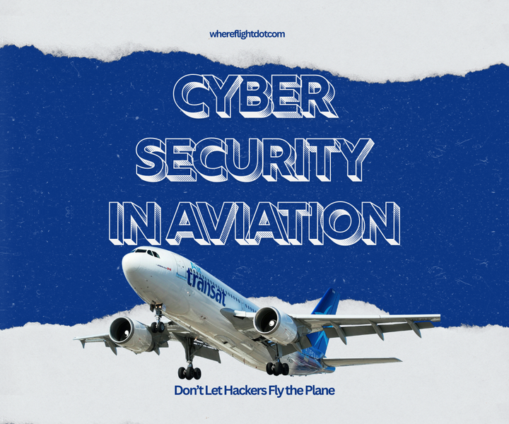 An airplane mid-flight with bold blue text reading “Cyber Security in Aviation.” A subheading warns, “Don’t let hackers fly the plane.”