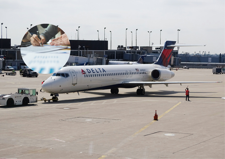 Delta airlines airplane in the parking with a lawsuit image for context