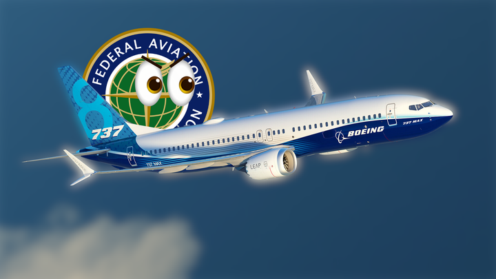 A Boeing 737 MAX aircraft in flight with the FAA logo in the background. The logo has cartoonish eyes added, symbolizing the FAA closely watching Boeing after safety violations.