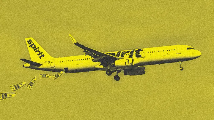 Yellow Spirit Airlines airplane in flight with dollar bills falling out of the back, symbolizing financial losses.